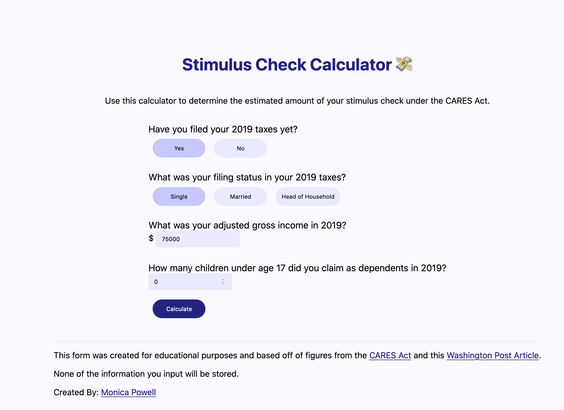 screenshot of the stimulus check calculator app