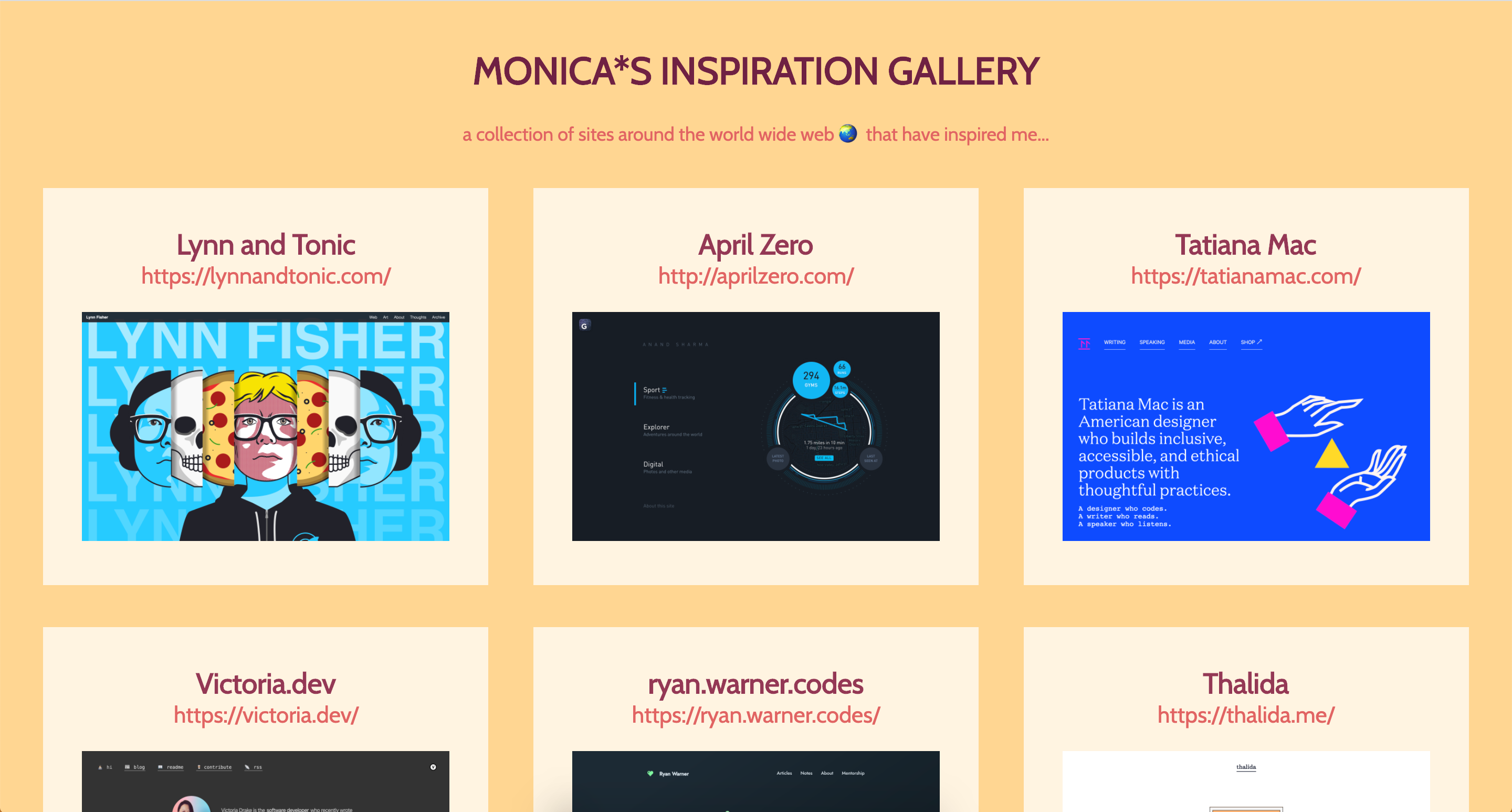 I wanted to make a more visually-engaging and functional version of my running list of websites that inspire me which is why I ended up creating this website inspiration gallery.